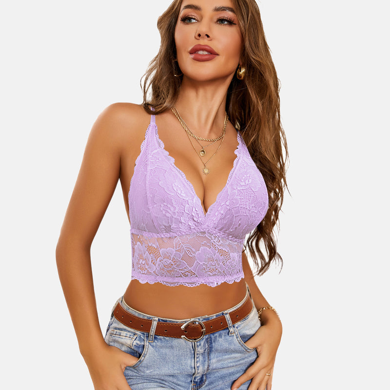 Purple lace V-neck racerback crop top bra, comfortable and confident style, sexy lingerie