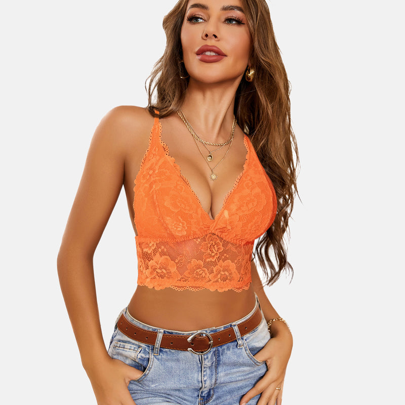 Avidlove orange lace racerback crop top bra with blue jeans. Confident and sexy lingerie style.