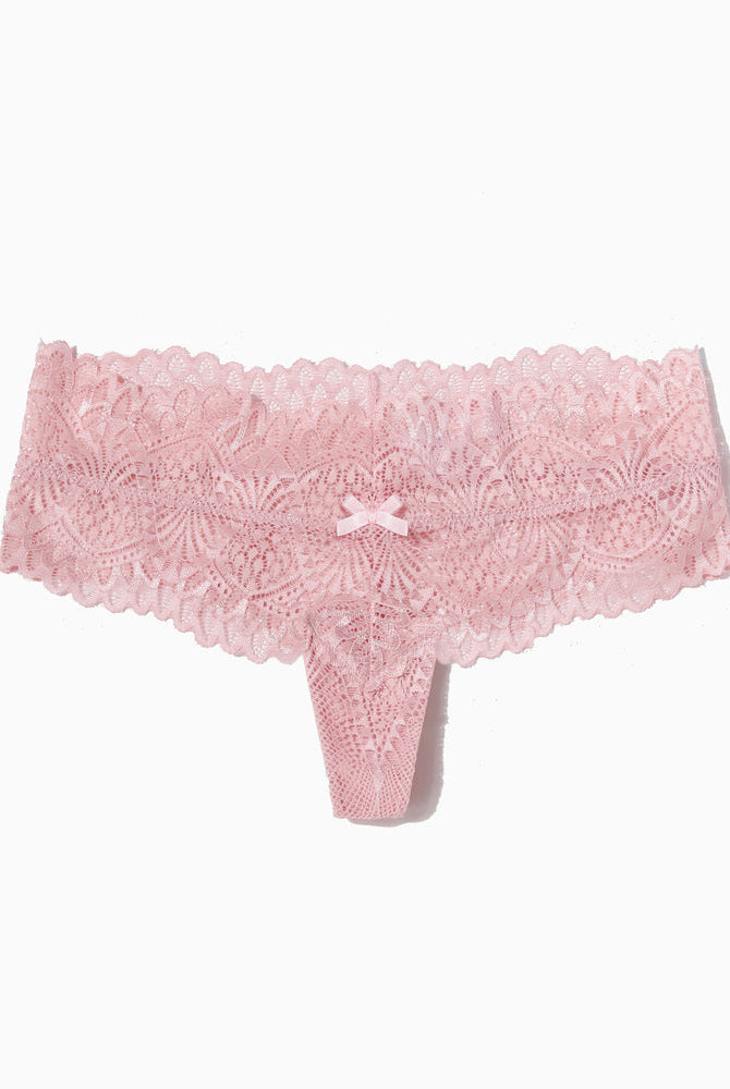 Pink floral lace low-waist thong with bow detail, feminine and comfortable lingerie