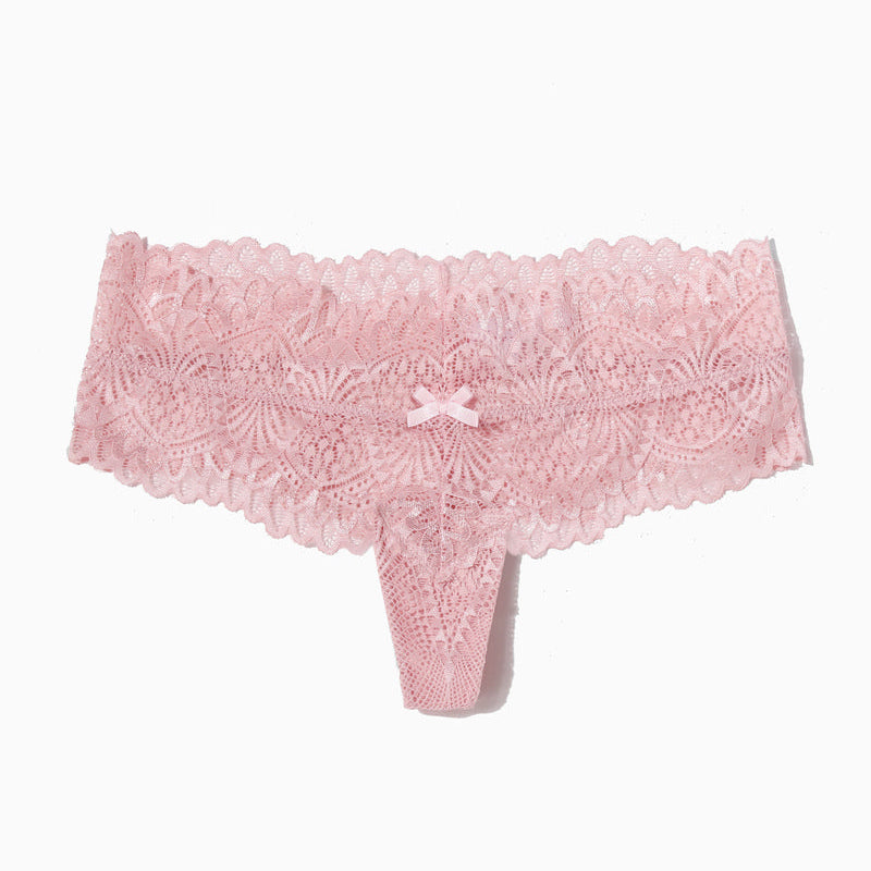 Pink floral lace low-waist thong with bow detail, feminine and comfortable lingerie