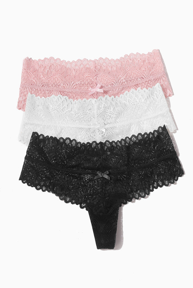 Low-waist floral lace thong panties set in pink, white, and black with bow detail.