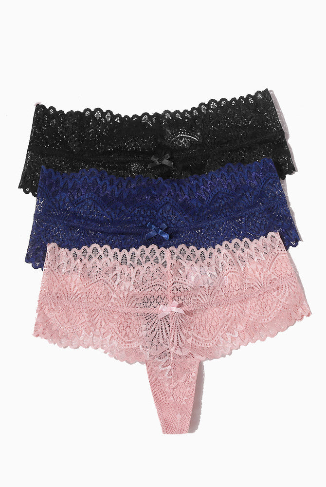 Floral lace low-waist thong panties in black, blue, and pink with bow detail.
