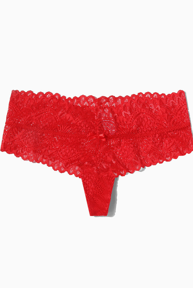 Red floral lace low-waist thong with bow detail, feminine lingerie for comfort and style.