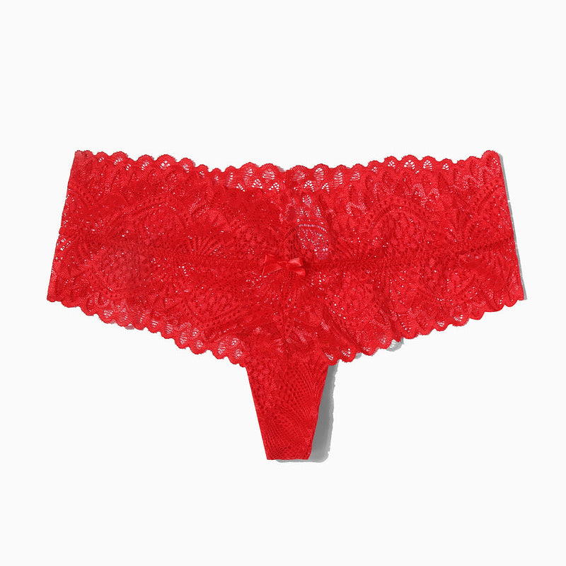 Red floral lace low-waist thong with bow detail, feminine lingerie for comfort and style.