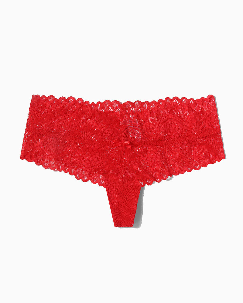 Red floral lace low-waist thong with bow detail, feminine lingerie for comfort and style.