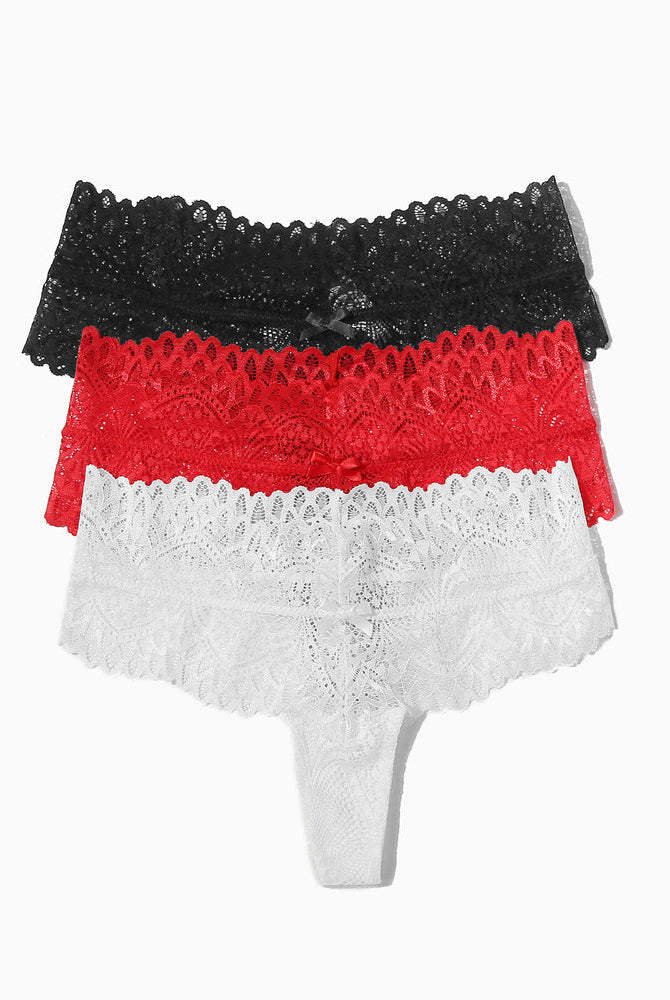 Low-waist lace thong set in black, red, and white with lace trim and bow detail