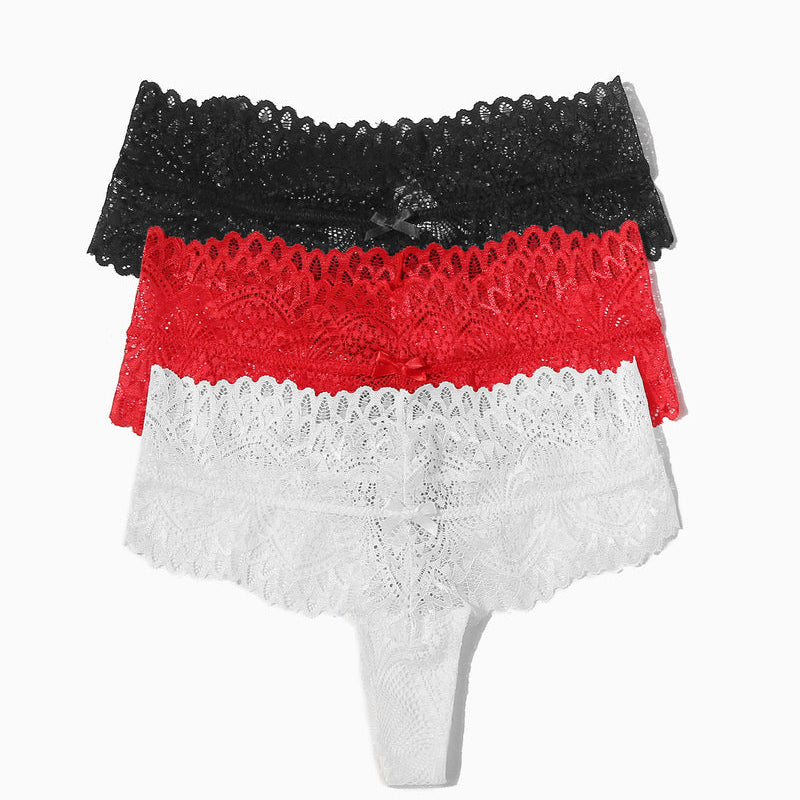 Low-waist lace thong set in black, red, and white with lace trim and bow detail