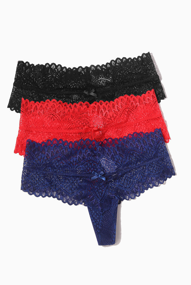Low-waist lace thongs in black, red, and blue, featuring floral lace and small bow details.