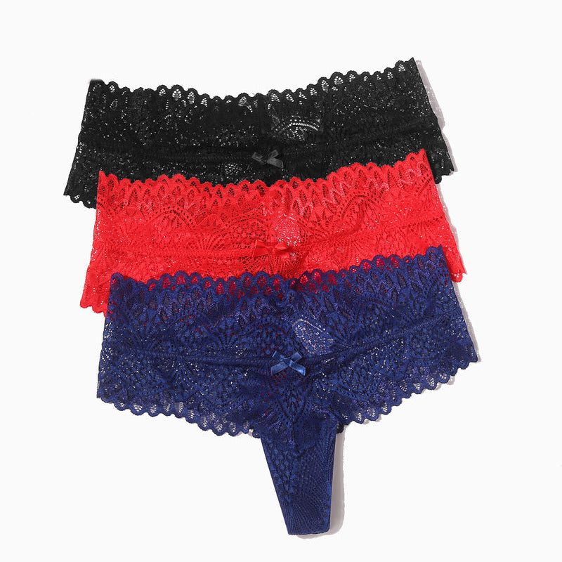 Low-waist lace thongs in black, red, and blue, featuring floral lace and small bow details.