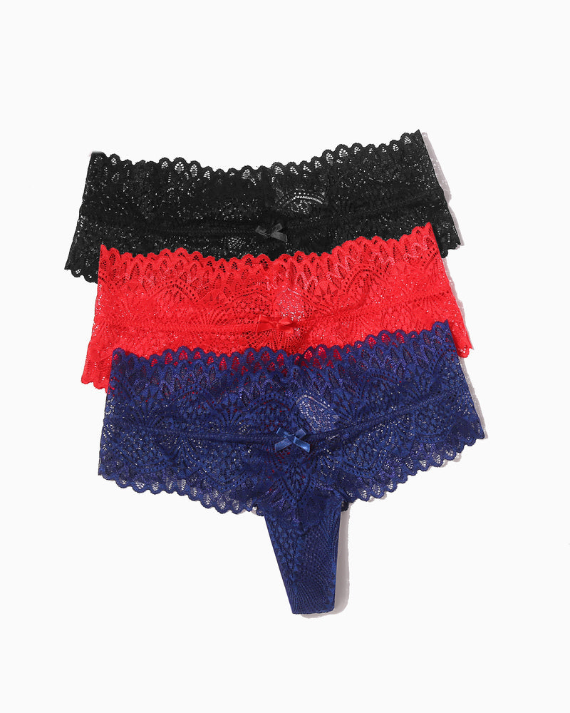 Low-waist lace thongs in black, red, and blue, featuring floral lace and small bow details.