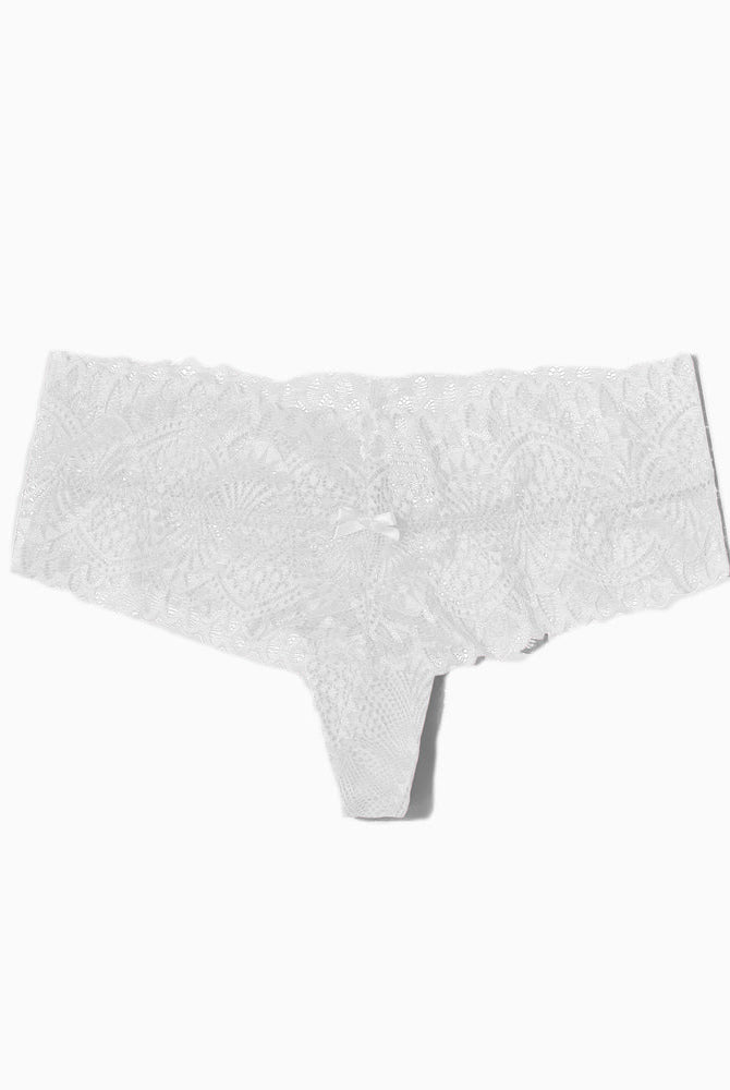 White floral lace low-waist thong panties with bow, feminine and comfortable lingerie.