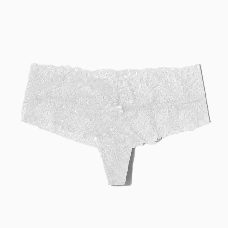 White floral lace low-waist thong panties with bow, feminine and comfortable lingerie.