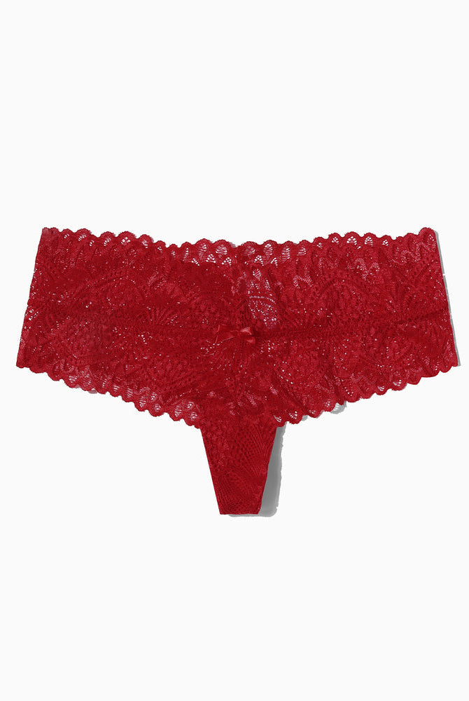 Red floral lace low-waist thong panties with bow detail, feminine lingerie for comfort and style.