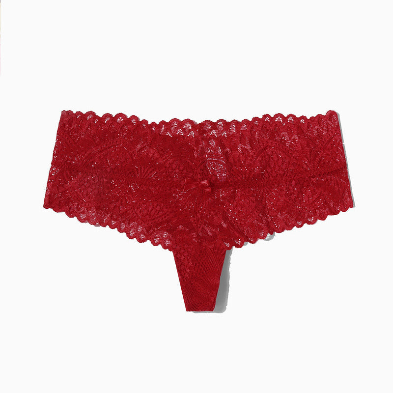 Red floral lace low-waist thong panties with bow detail, feminine lingerie for comfort and style.