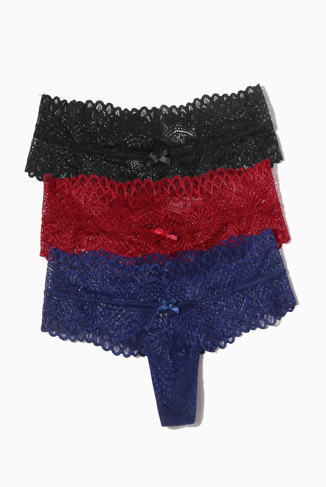 Floral lace low waist thong set. Black, red, and blue thongs with bow detail. Feminine lingerie.