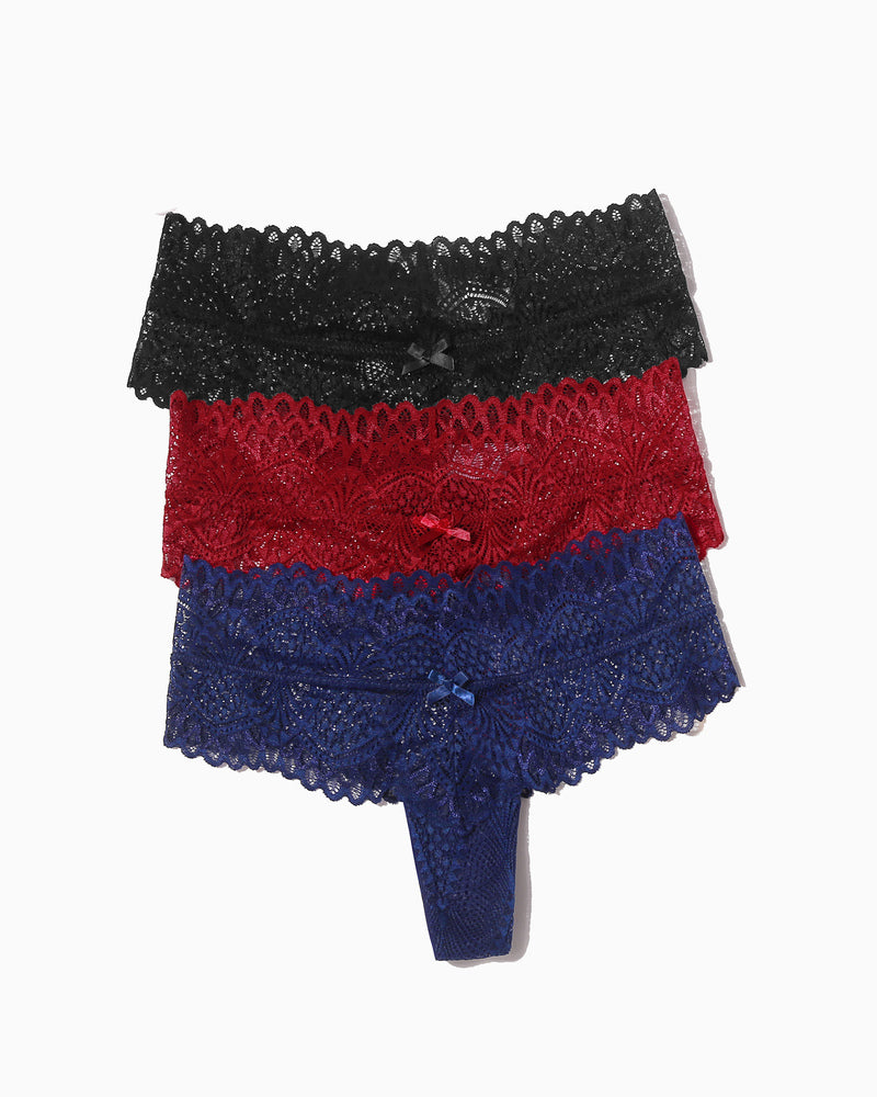Floral lace low waist thong set. Black, red, and blue thongs with bow detail. Feminine lingerie.
