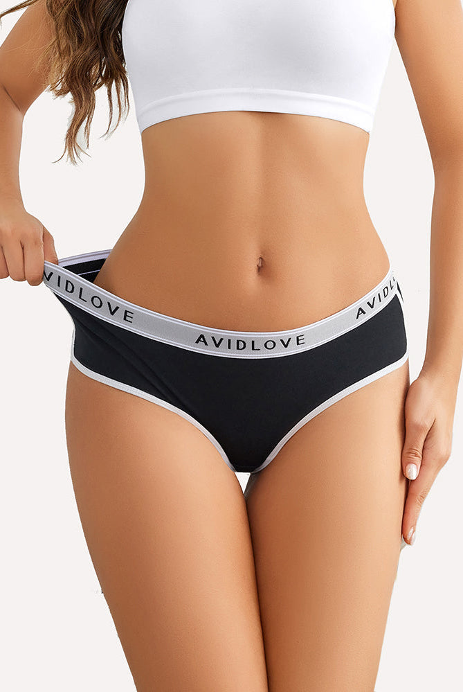 Avidlove black hipster cotton panties with white trim and logo, perfect for comfort and style.
