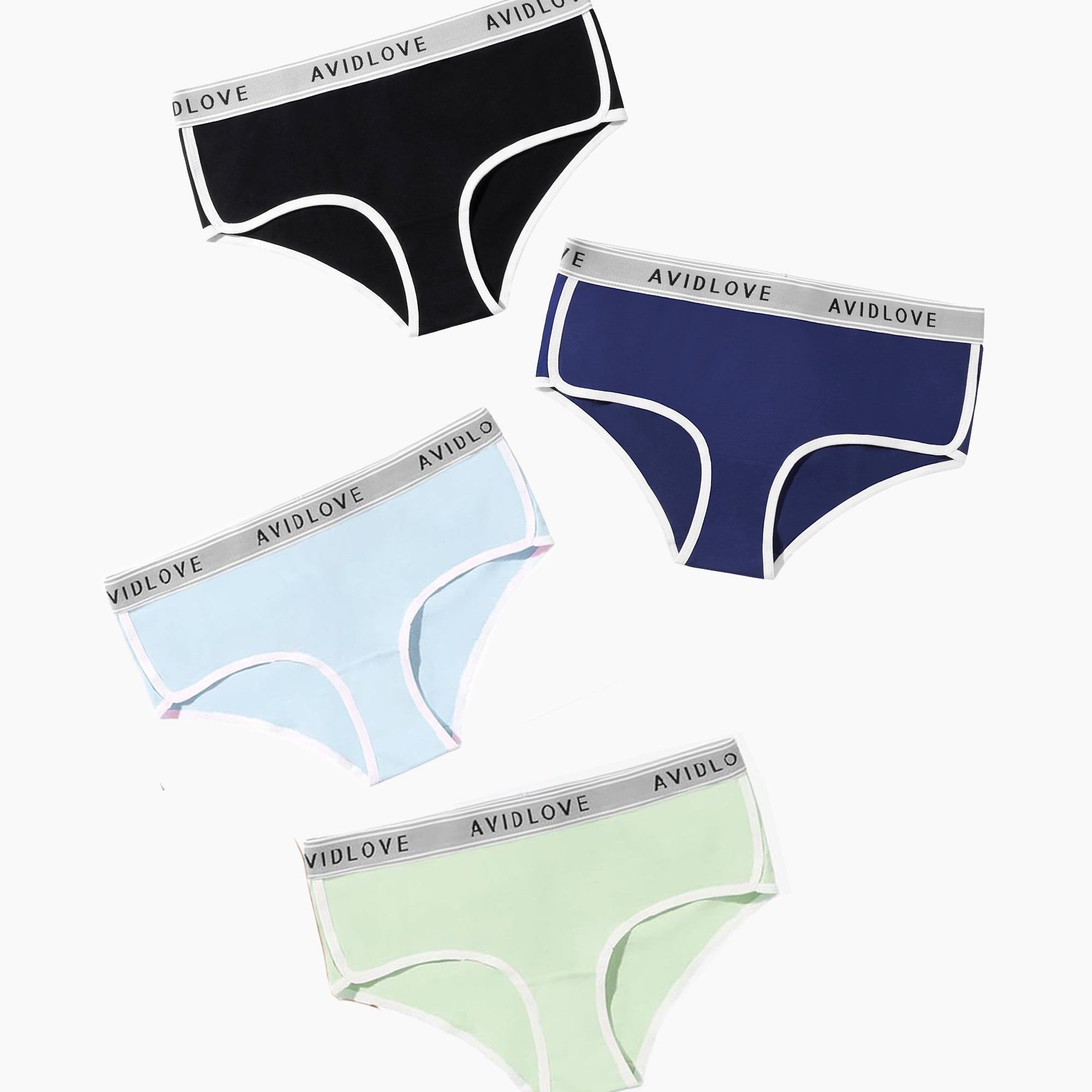 Avidlove hipster panties 4-pack, various colors with white trim and logo waistband.
