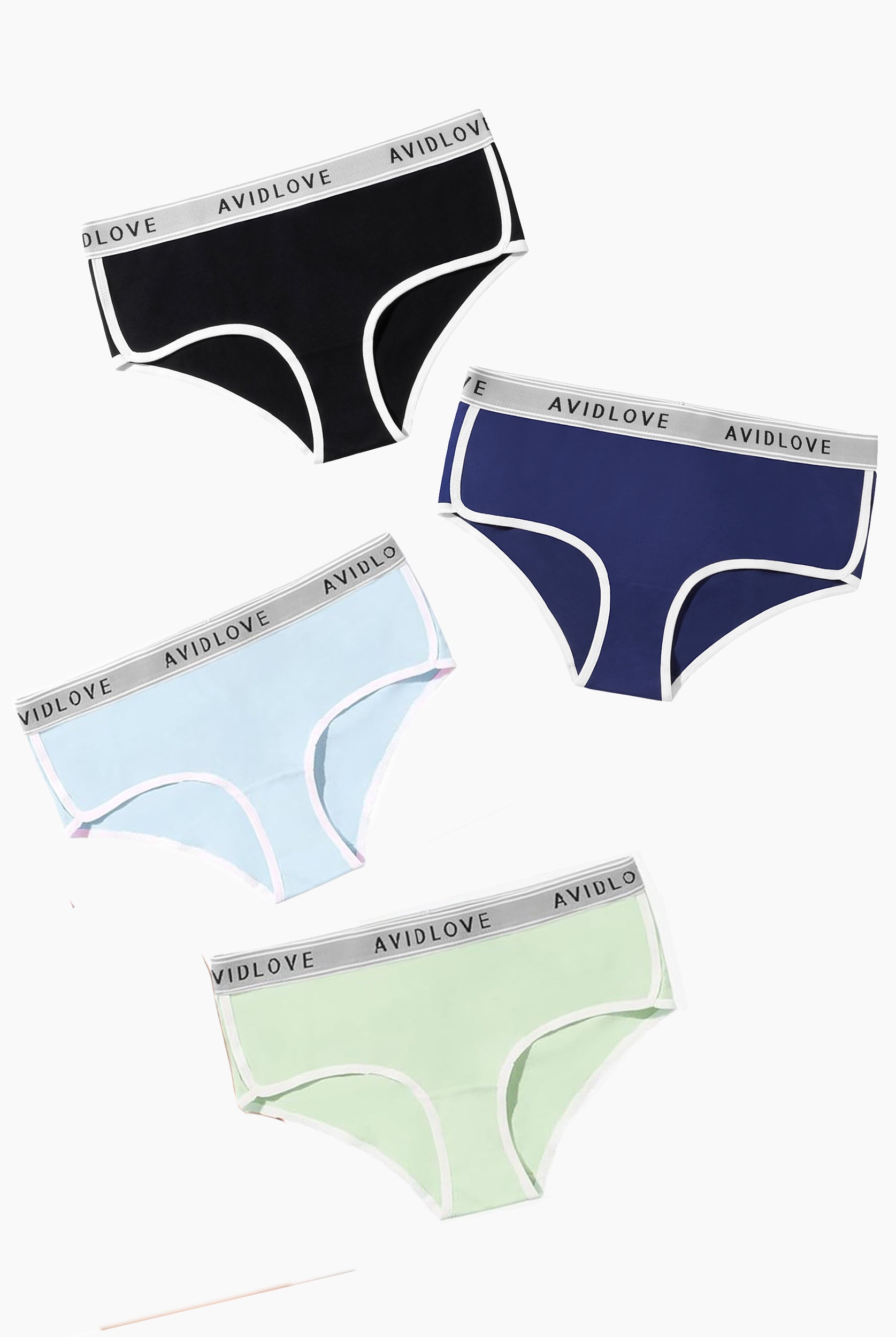 Avidlove hipster panties 4-pack, various colors with white trim and logo waistband.