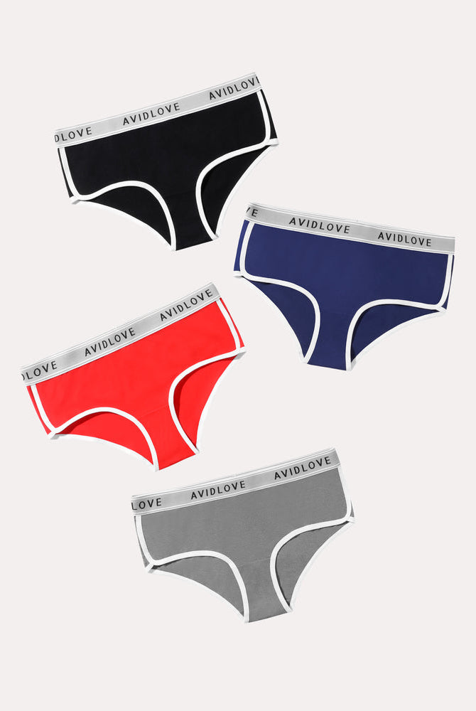Avidlove 4-pack cotton hipster panties in black, red, grey, and blue with white trim