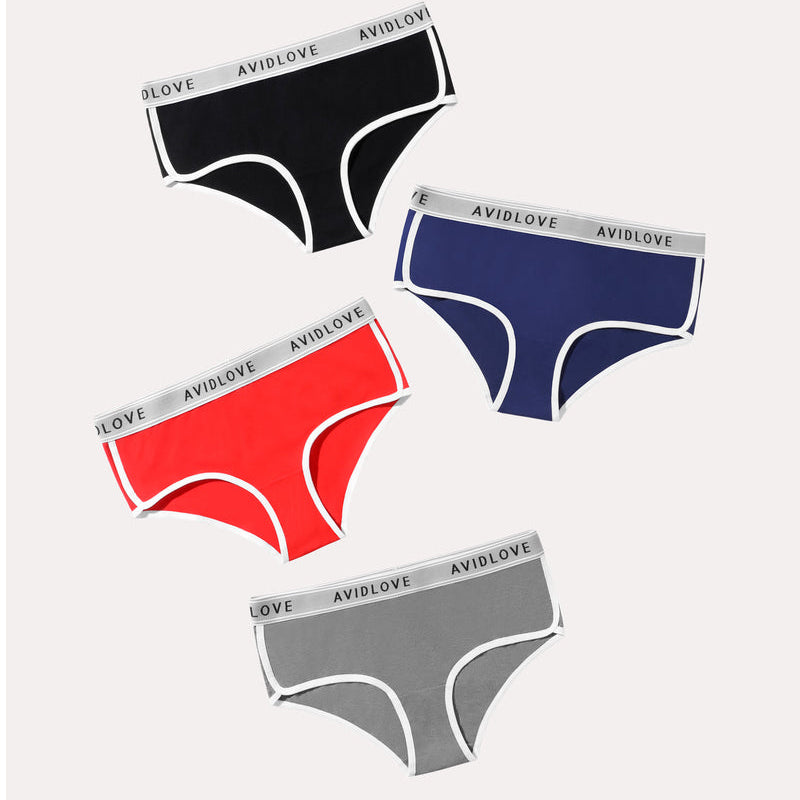Avidlove 4-pack cotton hipster panties in black, red, grey, and blue with white trim