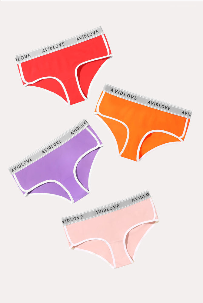 Avidlove Cotton Hipster Panties 4-pack in various colors with white trim and logo waistband