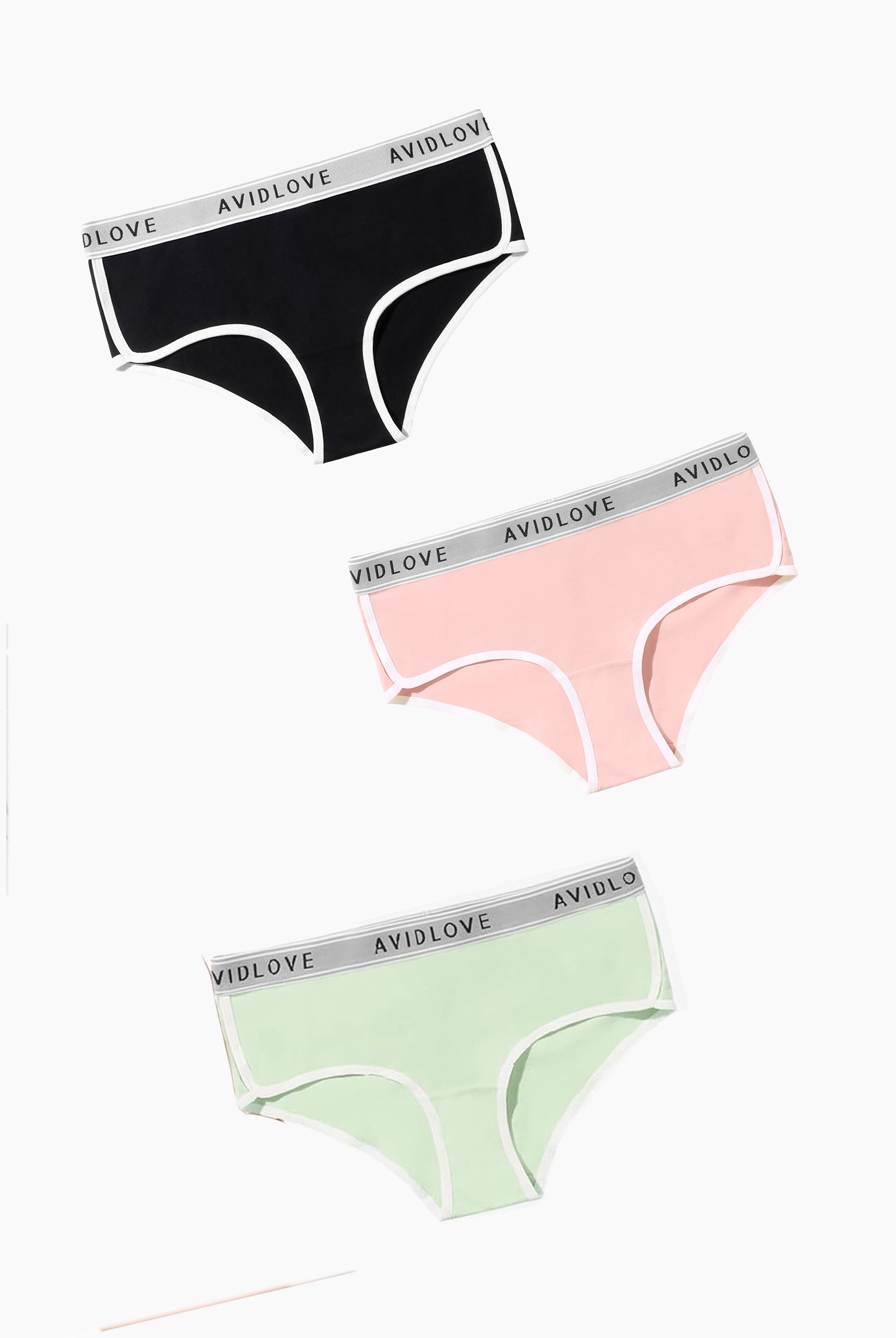 Avidlove cotton hipster panties in various colors, white trim, comfortable women's underwear.