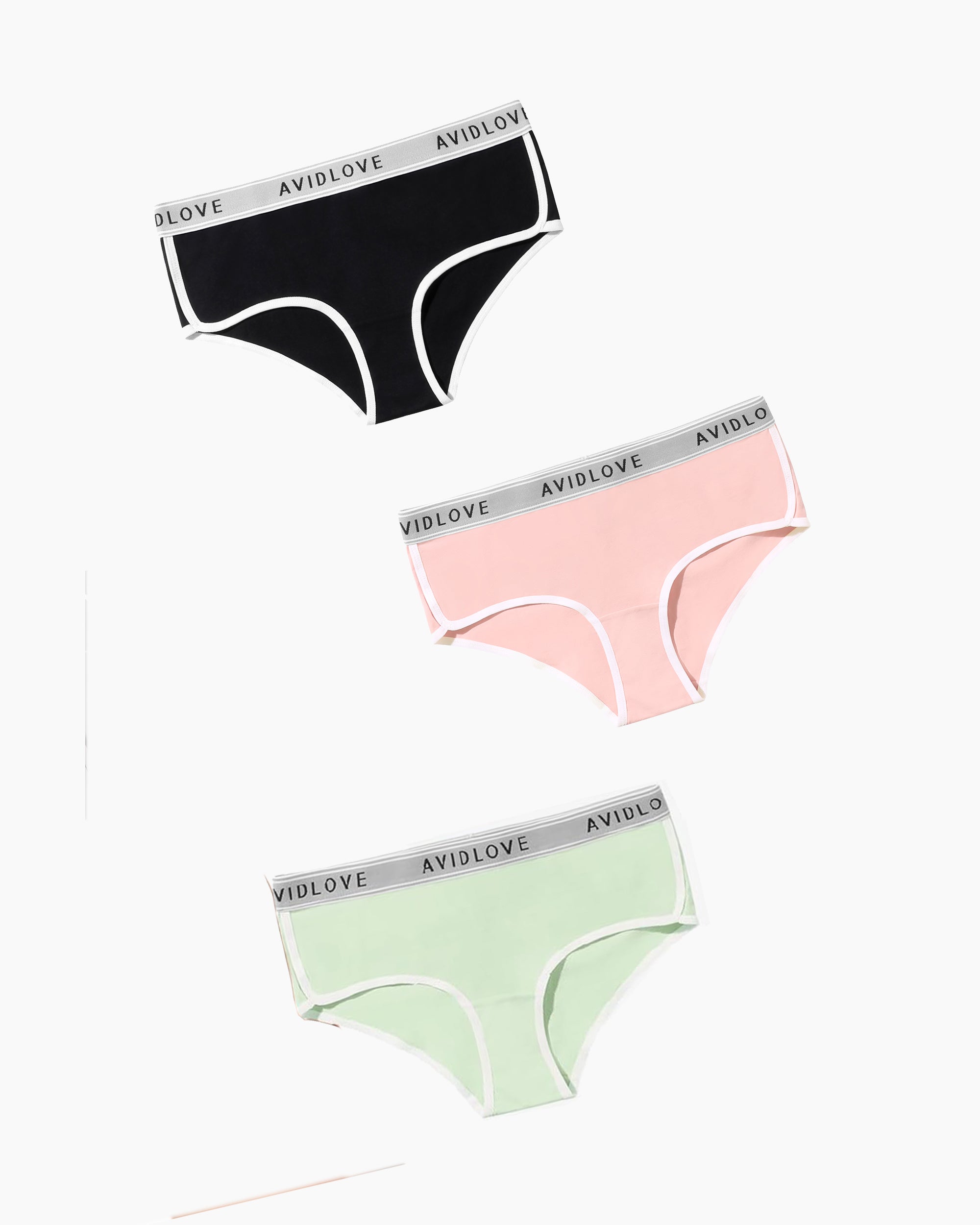 Avidlove cotton hipster panties in various colors, white trim, comfortable women's underwear.