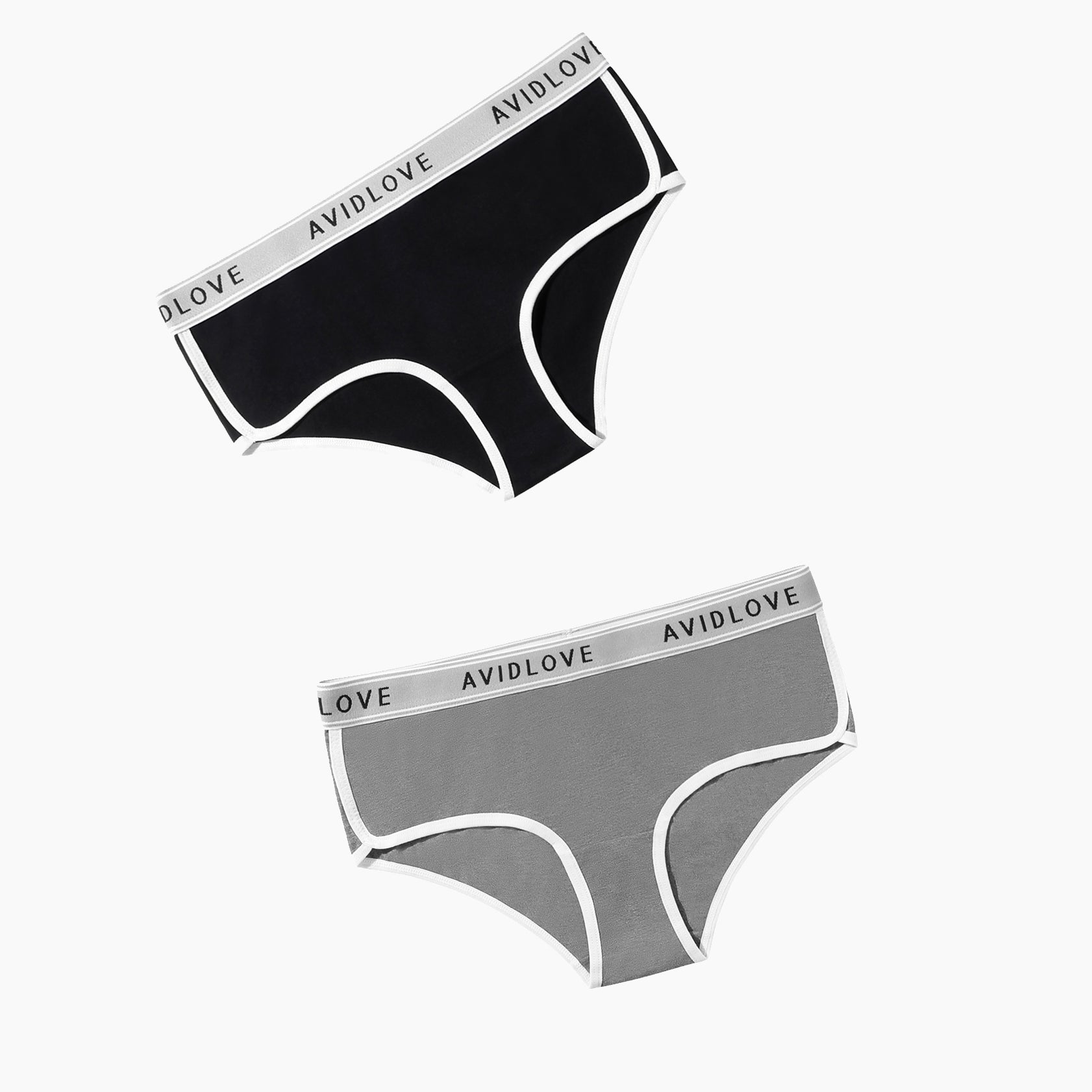 Avidlove Hipster Panties, black and gray, cotton underwear with white trim, comfortable and stylish.