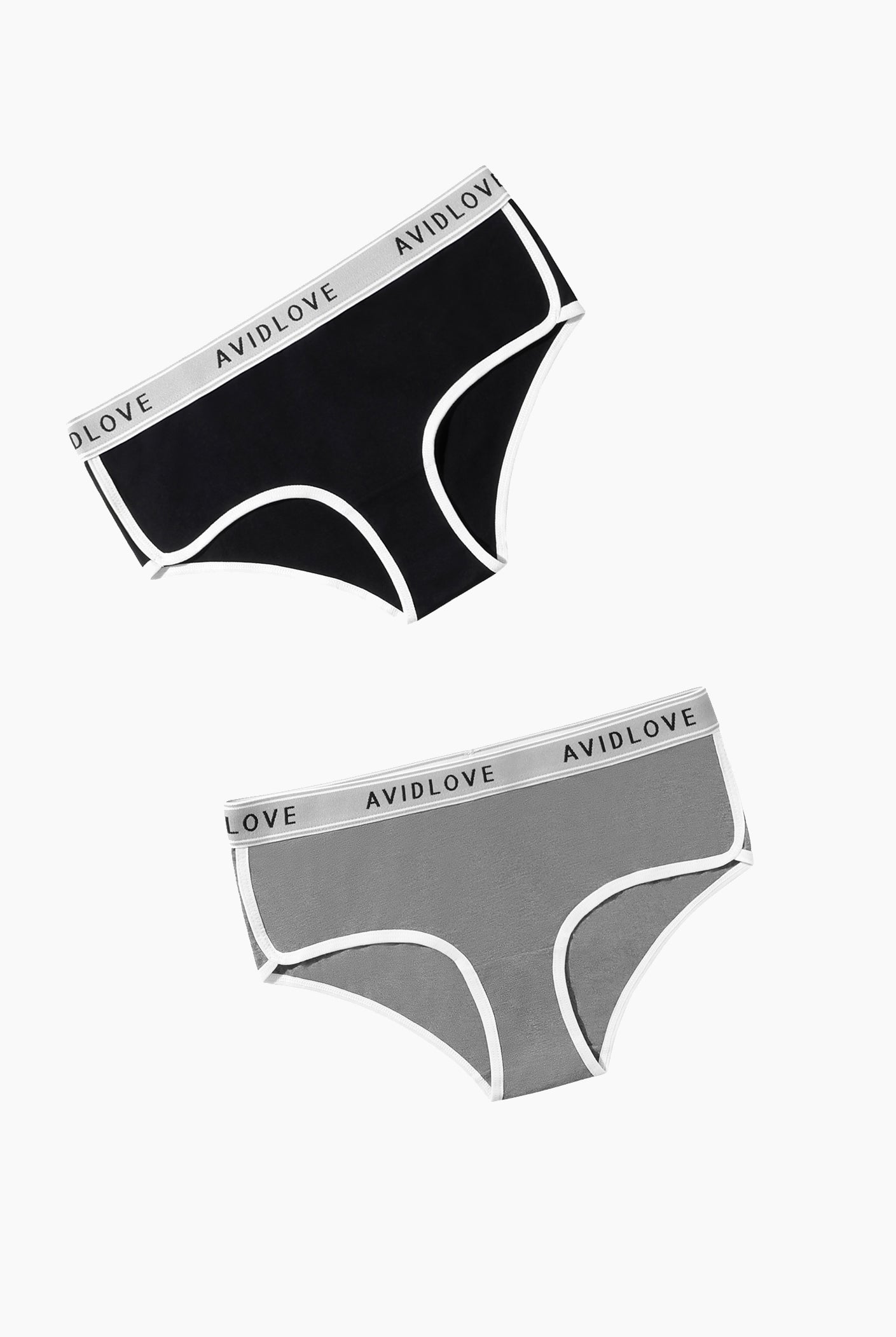 Avidlove Hipster Panties, black and gray, cotton underwear with white trim, comfortable and stylish.