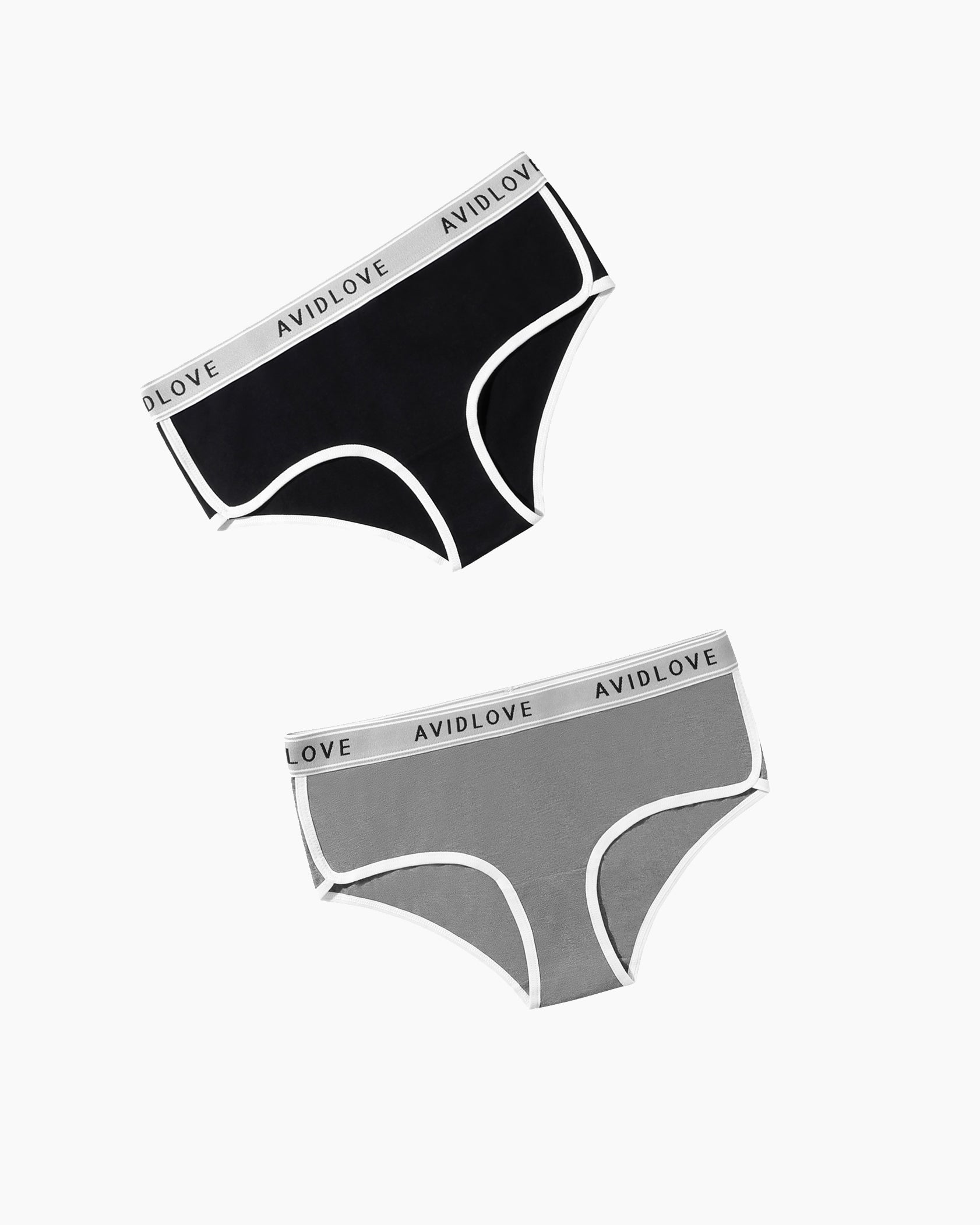 Avidlove Hipster Panties, black and gray, cotton underwear with white trim, comfortable and stylish.