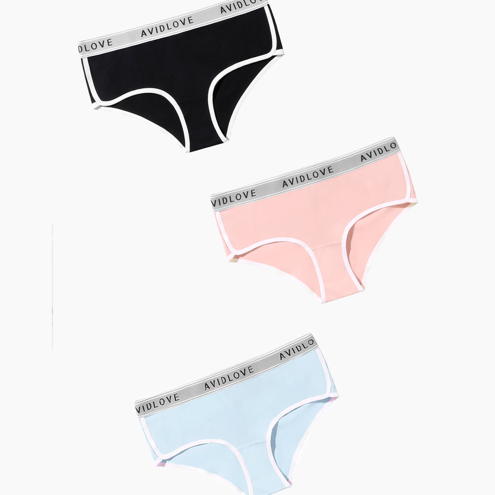Avidlove cotton hipster panties 3-pack in black, pink, and blue with white trim and logo waistband