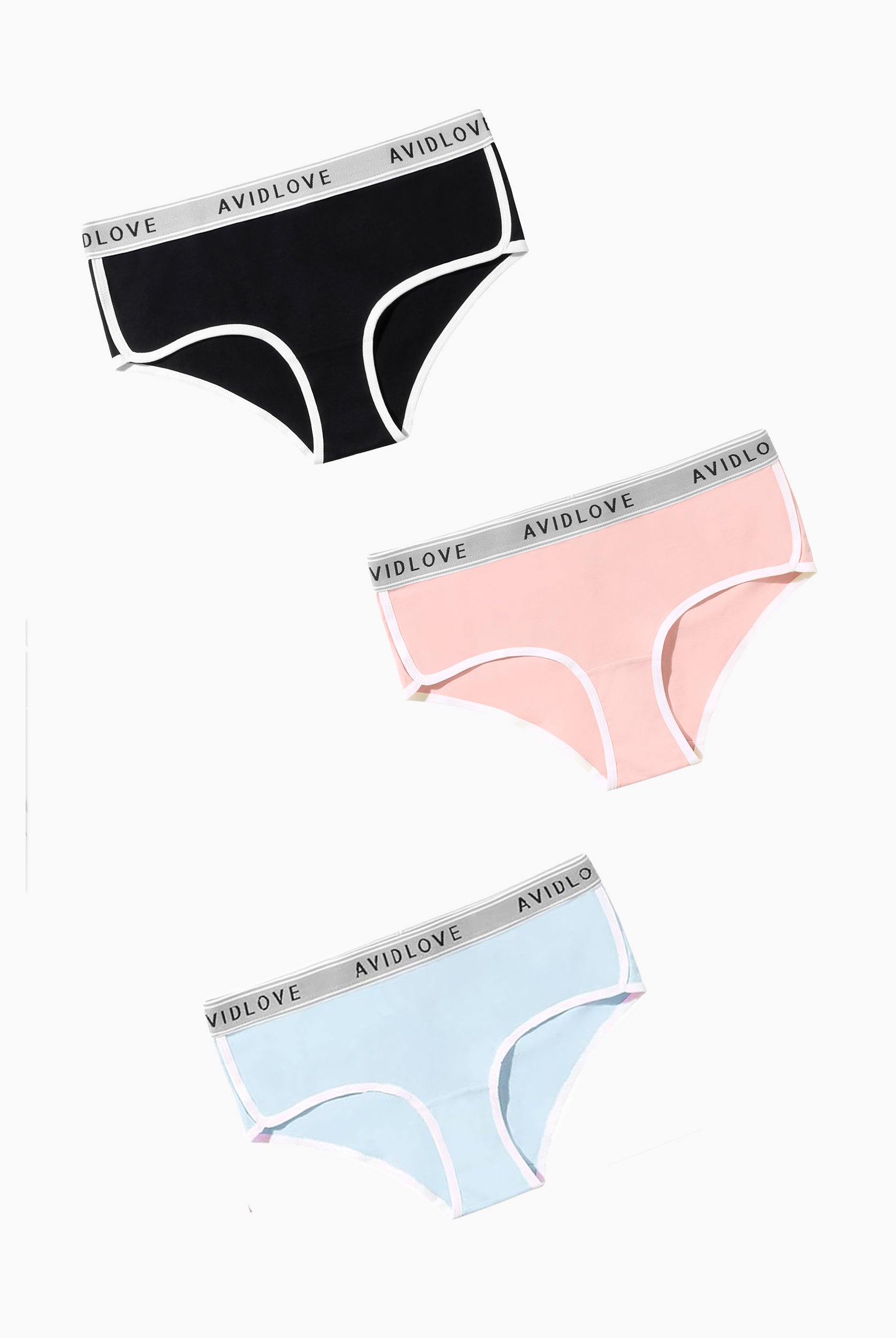 Avidlove cotton hipster panties 3-pack in black, pink, and blue with white trim and logo waistband