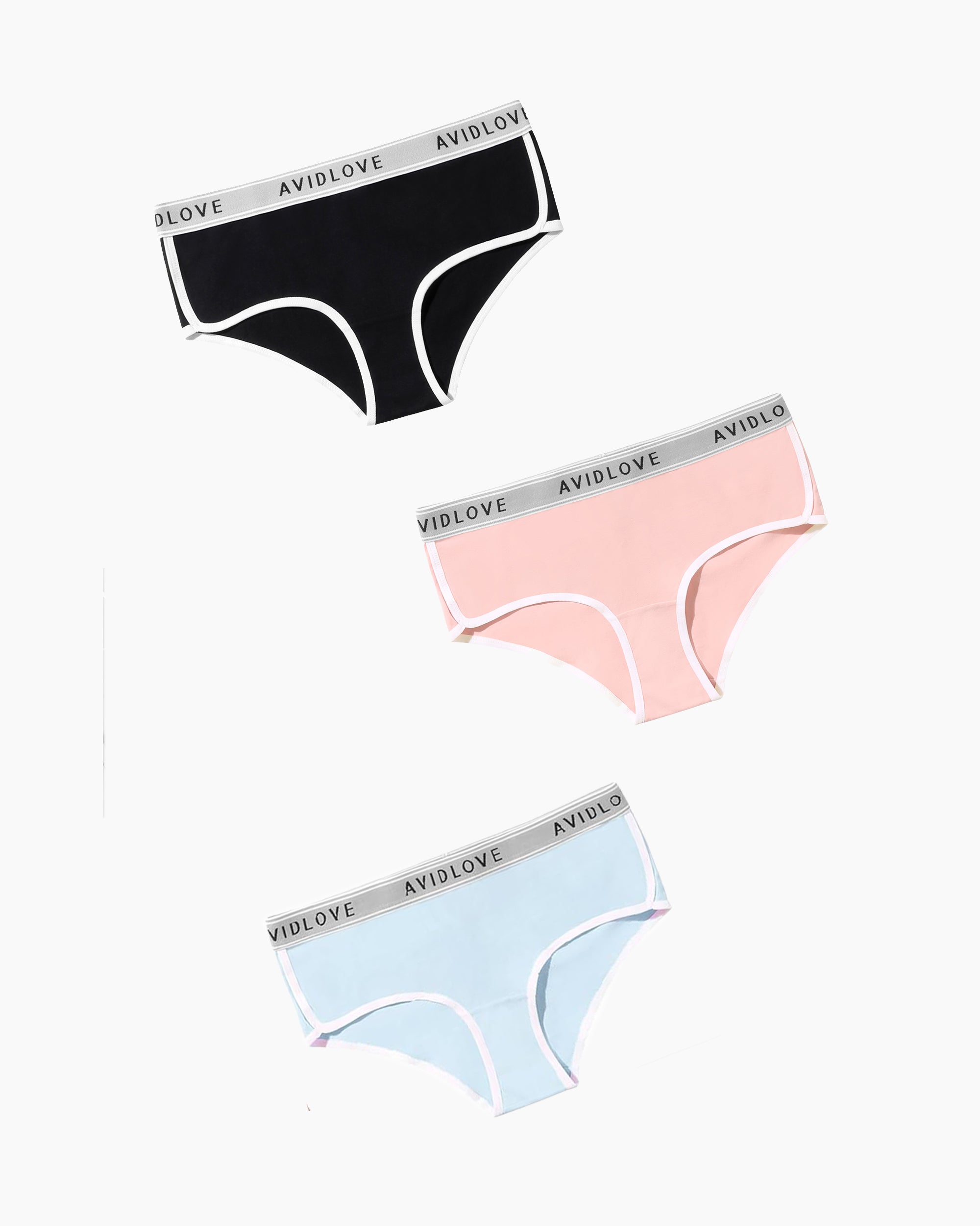 Avidlove cotton hipster panties 3-pack in black, pink, and blue with white trim and logo waistband
