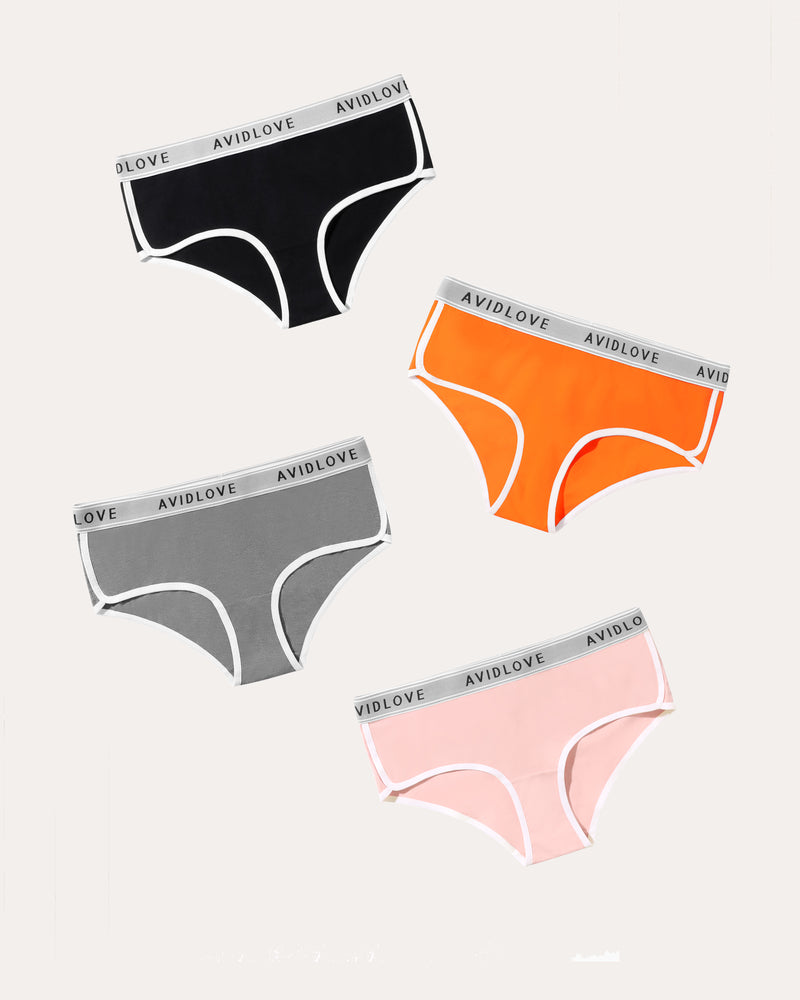 Avidlove Cotton Hipster Panties 4-pack in Various Colors, White Trim, Logo Waistband