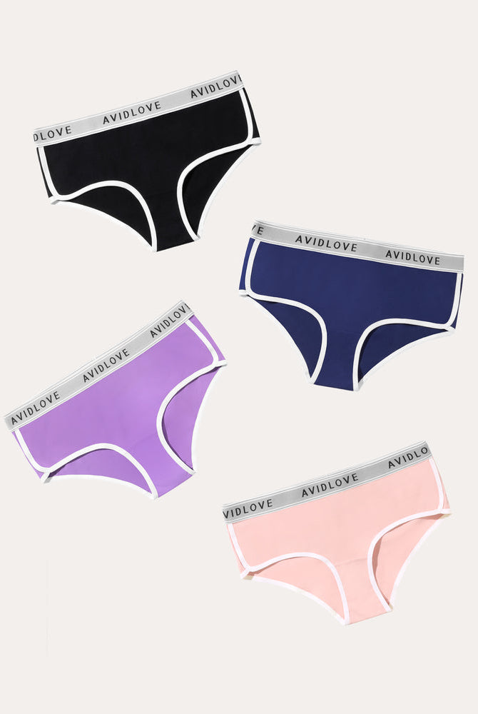 Avidlove 4-pack cotton hipster panties with white trim and logo waistband