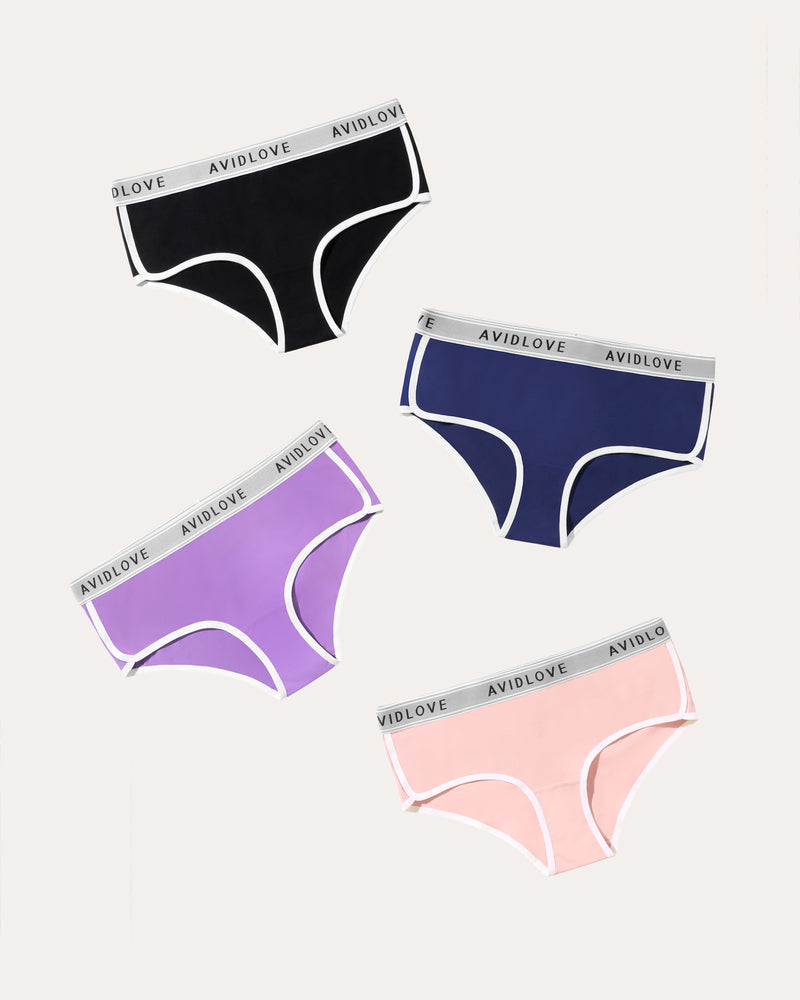 Avidlove 4-pack cotton hipster panties with white trim and logo waistband