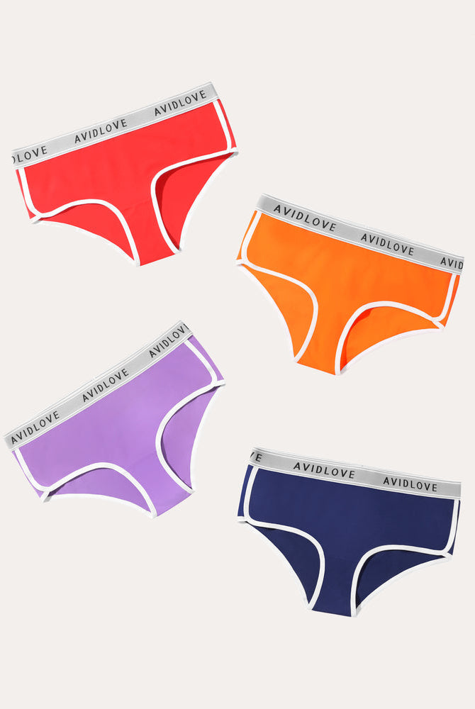 Avidlove 4-pack cotton hipster panties in various colors with white trim and logo waistband