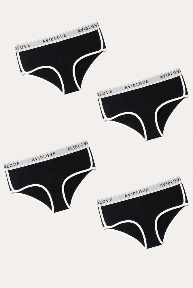 Avidlove 4-pack black cotton hipster panties with white trim, women's underwear