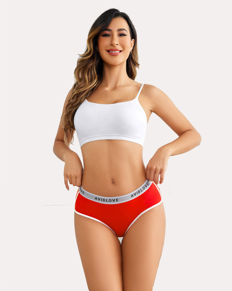 Red cotton hipster panties with white trim and logo, women's underwear for comfort and style.