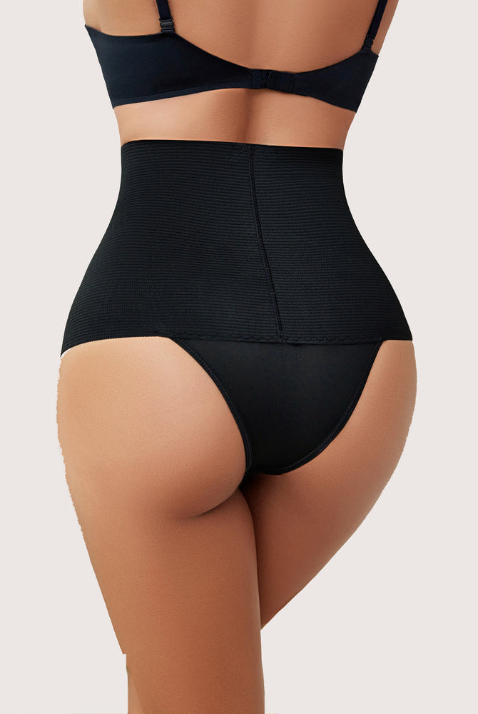 Black high-waisted thong shapewear for tummy control and hourglass figure, perfect for everyday wear