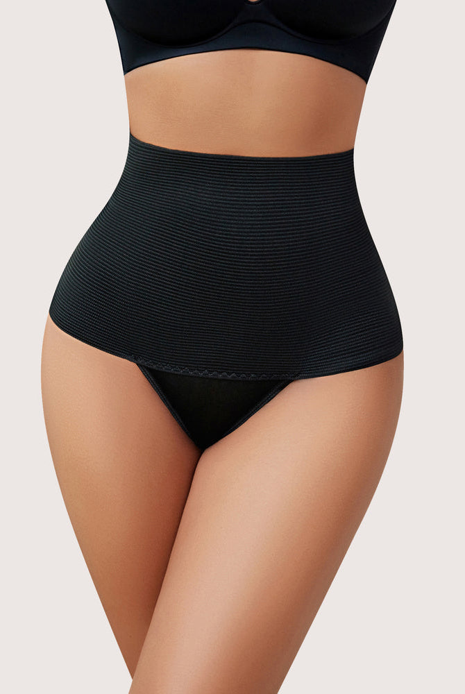 High-waisted black thong shapewear for tummy control and hourglass figure, perfect for daily use.