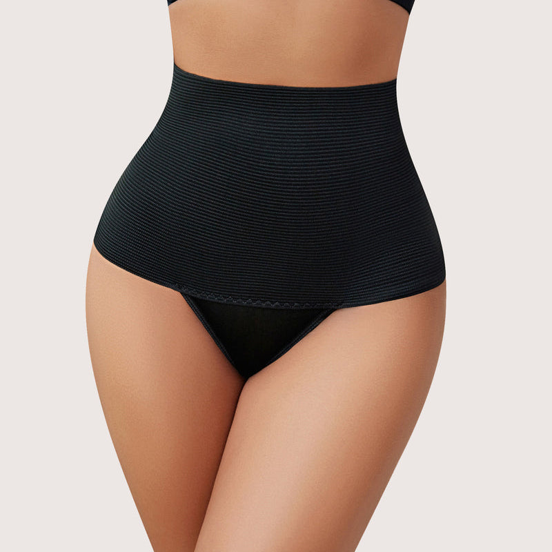 High-waisted black thong shapewear for tummy control and hourglass figure, perfect for daily use.