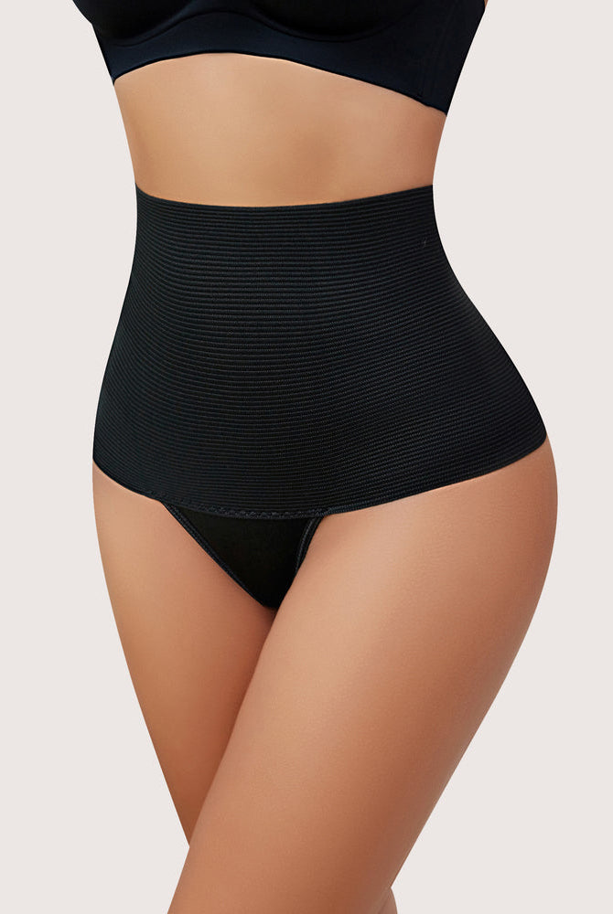 Black high-waisted thong shapewear for tummy control, enhancing hourglass figure and confidence.