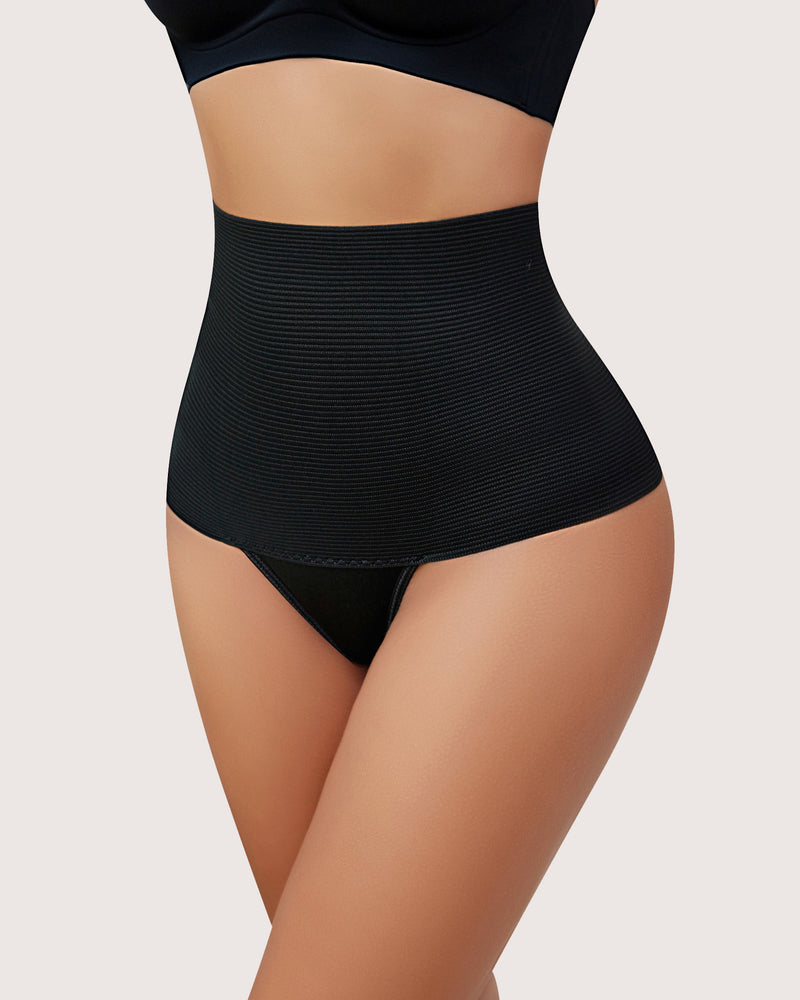 Black high-waisted thong shapewear for tummy control, enhancing hourglass figure and confidence.
