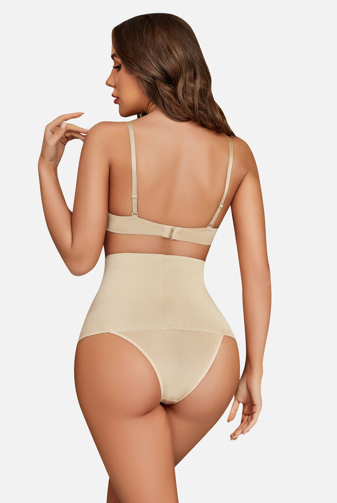 Beige high-waisted thong shapewear for tummy control and hourglass figure, perfect for everyday wear
