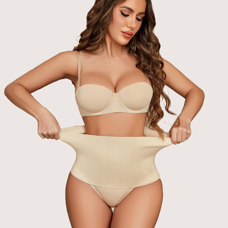 High-waisted beige thong shapewear: Tummy control for hourglass figure, comfortable & confident.