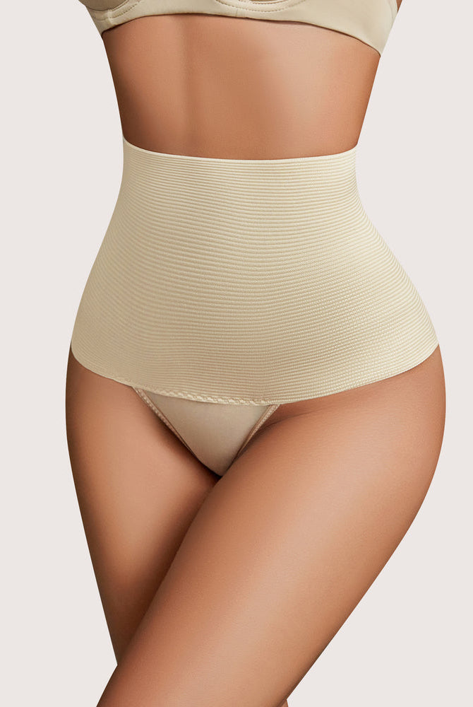 High-waisted beige thong shapewear for tummy control, enhancing the natural hourglass figure.