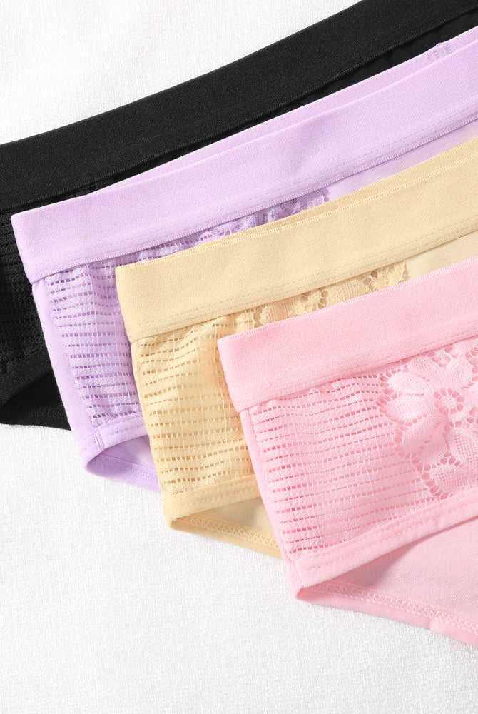 Colorful cotton hipster bikini panties with lace trim in pastel shades, comfortable and stylish.