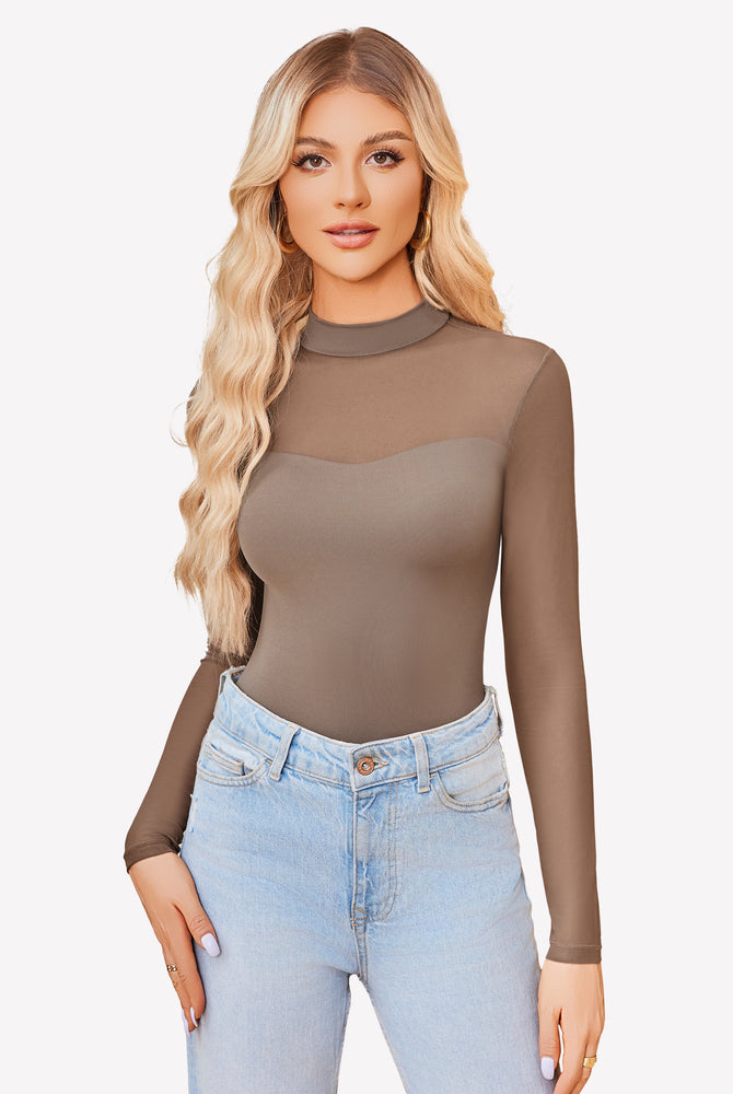 Beige mock turtle neck sheer mesh bodysuit, long sleeve, sheer mesh lingerie